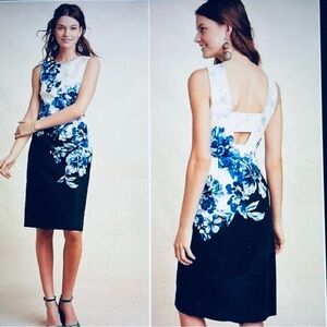 Anthropologie Vanda Dress Midi Floral Blue White Sateen Sheath Size 2 office boh